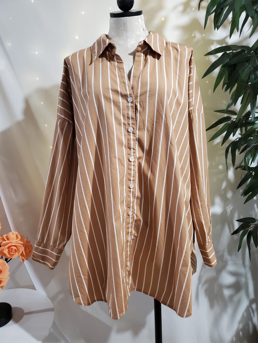 J Jill Pinstripe Button Up Shirt Size 4X Beige White Office Career Work Neutral